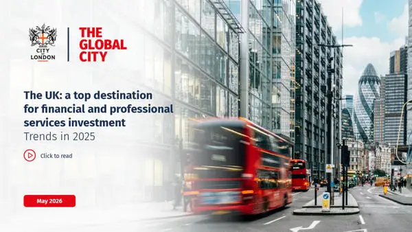Bus whizzing through the City of London with report title and logos overlaid