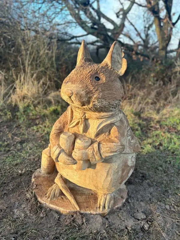 Carved oak sculpture of mouse character Mr Apple