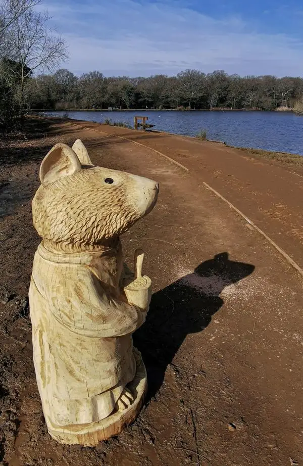 Carved oak sculpture of a mouse next to the path at Connaught Water lake.