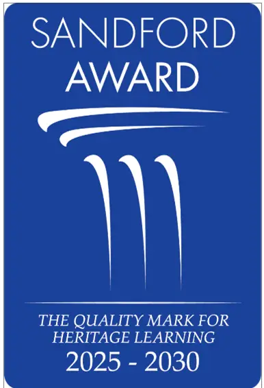 A rectangular logo with the words Sandford Award, the quality mark for heritage learning 2025 to 2030.ng.