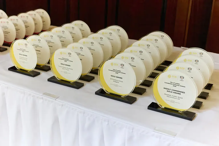 A photo of multiple awards on a table at the considerate contractor steelworks scheme awards