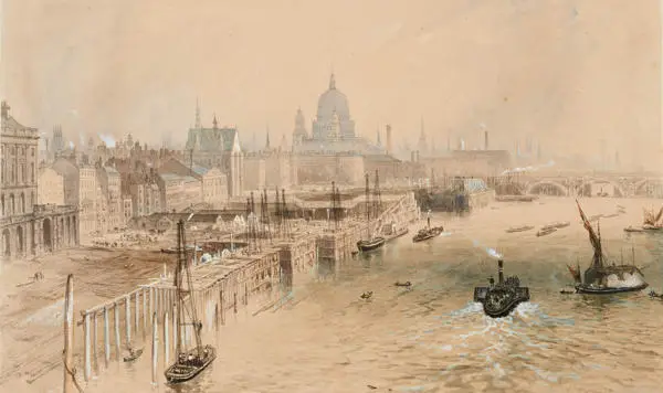 Painting of the the River Thames showing boats and cranes building the embankment wall