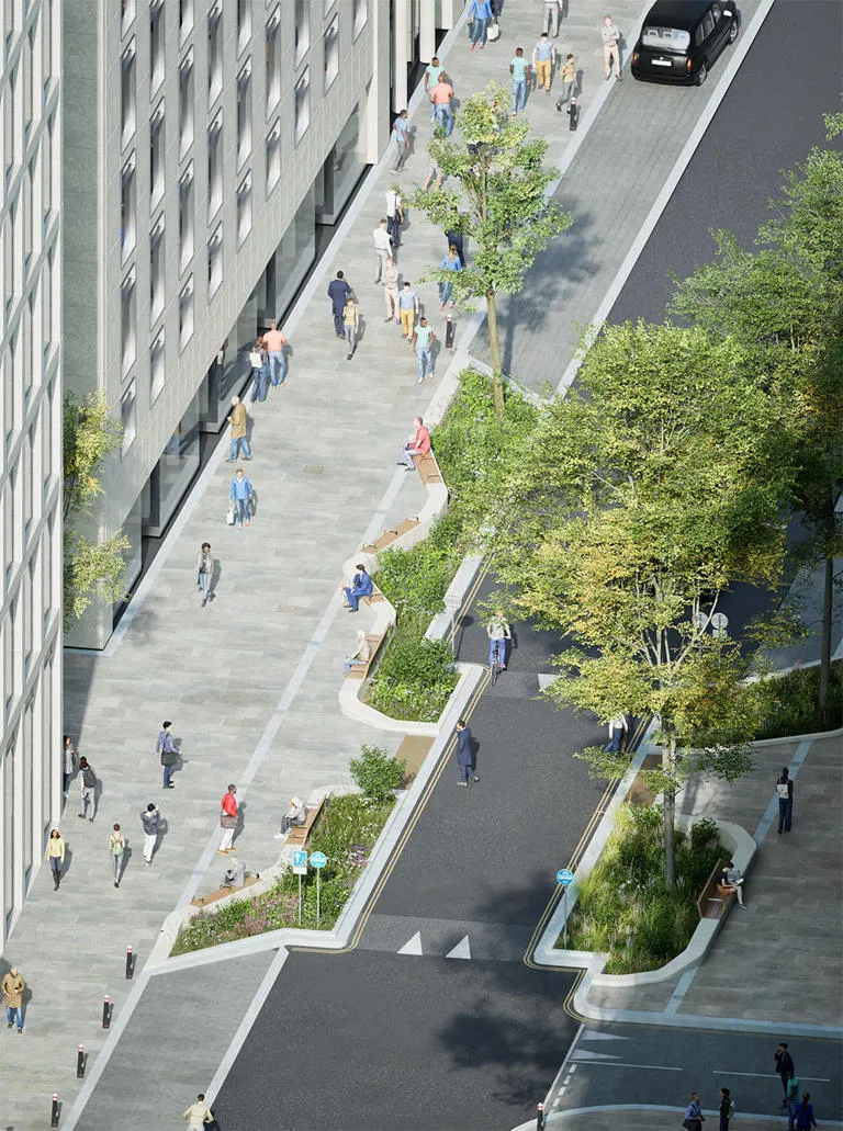 Artistic rendering of Cheapside including pavement widening, seating and greening