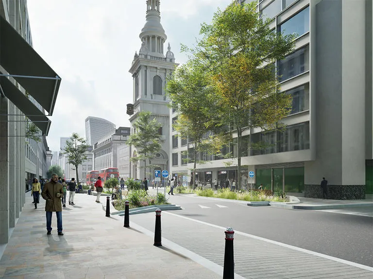 artistic rendering of Cheapside looking east including pavement widening, seating and greening