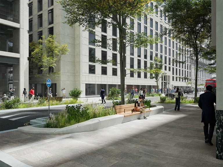artistic rendering of Cheapside looking east including pavement widening, seating and greening