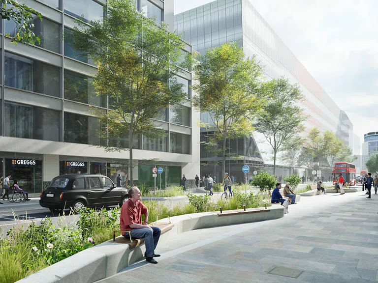 Artistic rendering of Cheapside looking southwest including pavement widening, seating and greening
