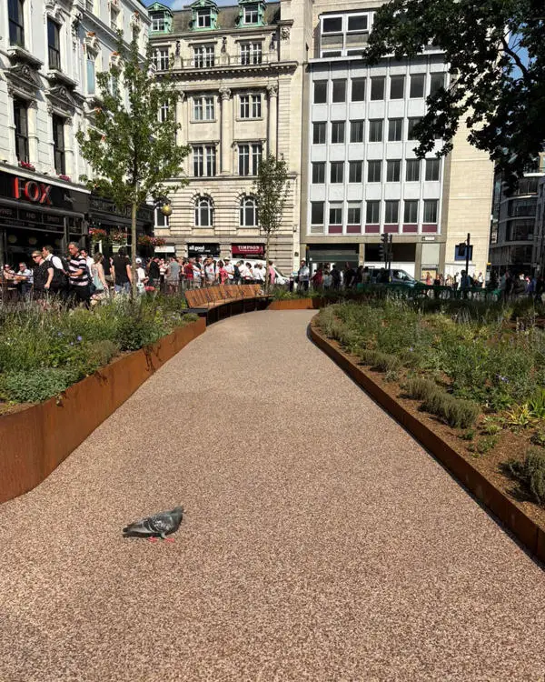 The new pathway and planters at London Wall/Moorgate Oval