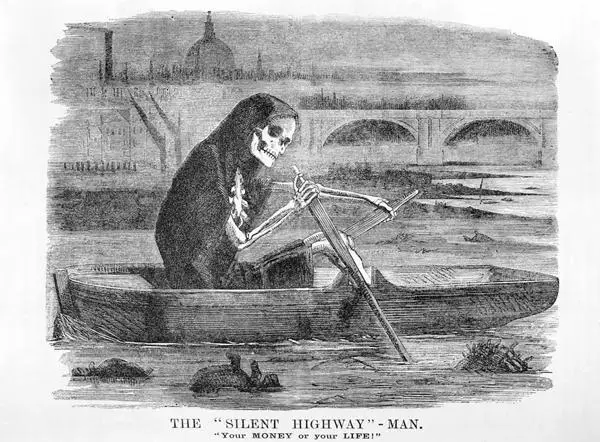 Monochrome drawing of The 'Silent Highwayman' on a boat wading through the River Thames.